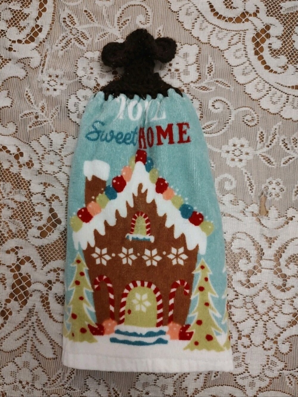 Gingerbread House Crochet Top Hanging Kitchen Towel Christmas Cottage Holiday